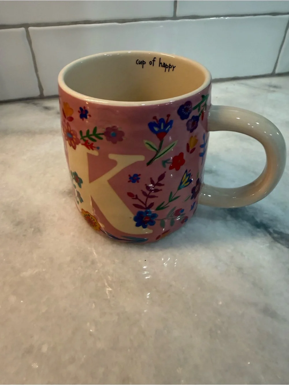 NATURAL LIFE Pink Floral 'K' Ceramic Mug - Cup of Happy